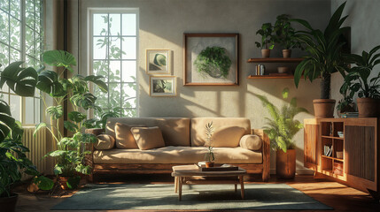 Cozy Living Room with Warm Natural Lighting and Wooden Furniture