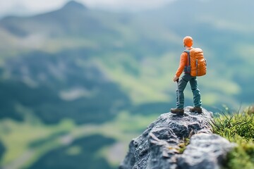 toy figurine hiker in the mountains