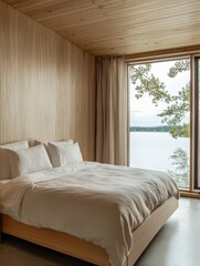 Fototapeta premium Cozy Cabin Bedroom with Lake View and Wooden Walls - A cozy cabin bedroom with a king-sized bed, large windows overlooking a lake, and wooden walls, representing tranquility, nature, comfort, relaxati
