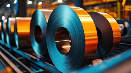 Obraz premium Close-up of glossy metal coils stacked in a manufacturing facility, showcasing their vibrant colors and industrial design.