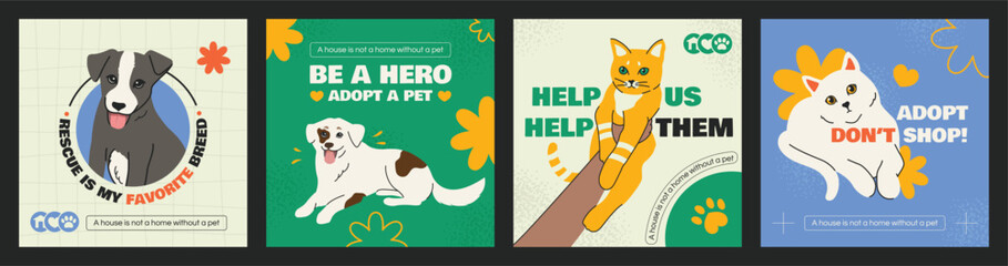 Fototapeta na wymiar A set of templates for social media post about dog and cat adoption. Adopt, dont shop. Cute hand-drawn cats and dogs in bright retro colors. Rescue is my favorite breed. Adoption slogans for pets.