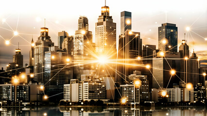 Flat AI Driven Smart Cities Concept: Dynamic Abstract Digital Art Banner Showcasing the Impact of AI on Urban Development - Vibrant Colors Represent Innovation, Sustainability, and Efficiency. Simple 