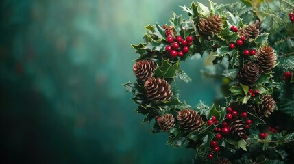 Festive Holly and Pinecone Wreath on Green Background