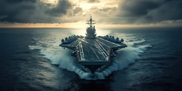 Us navy aircraft carrier sails gracefully with fighter jets on its deck, showcasing military power and defense at sea. Banner, Copy space