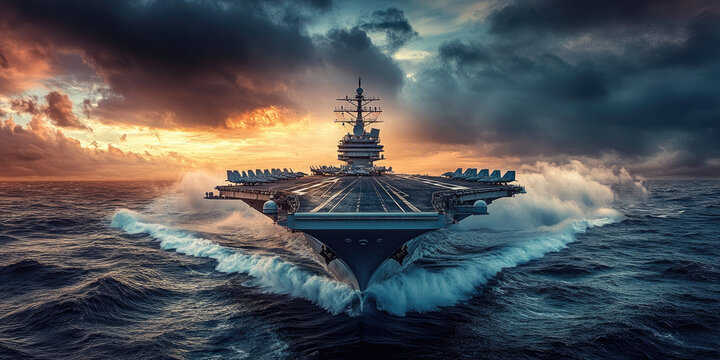 Us navy aircraft carrier sails gracefully with fighter jets on its deck, showcasing military power and defense at sea. Banner, Copy space