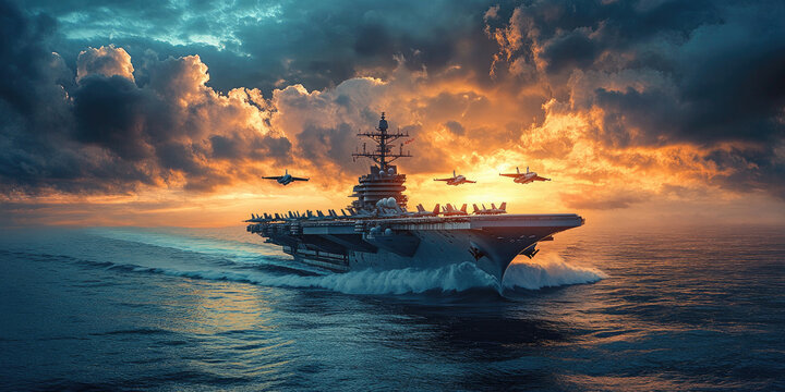 Aircraft carrier sails across the ocean with warships and fighter jets, showcasing military might and defense in action