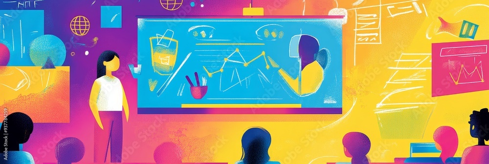 Aufkleber diverse team brainstorming and collaboration on colorful chalkboard - a vibrant illustration depicts