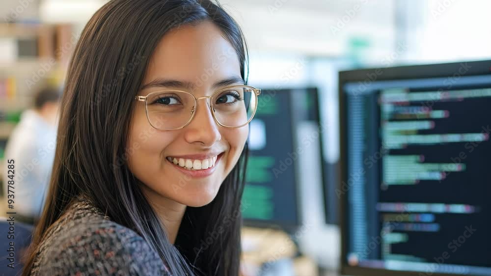 Poster young woman working at a computer desk with coding on the screen in a modern office environment