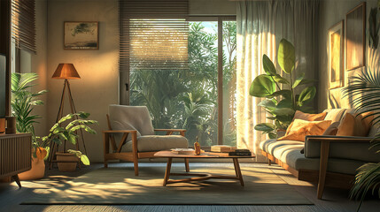Fototapeta premium Cozy Living Room with Warm Natural Lighting and Wooden Furniture