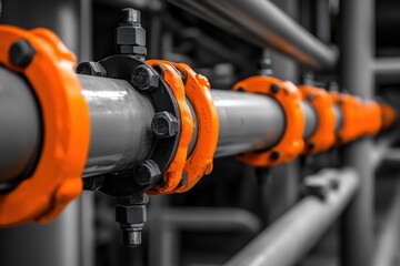 Close-up of orange pipes and gray machinery in an industrial setting