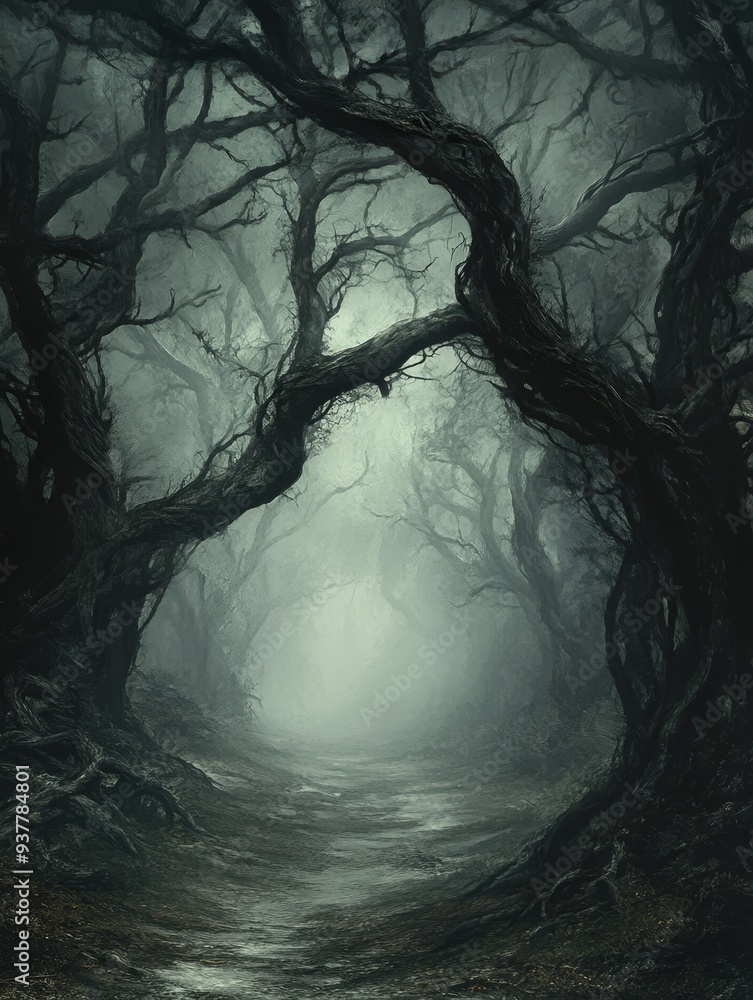Poster eerie foggy forest path - a mysterious path winds through a dense forest shrouded in fog, suggesting