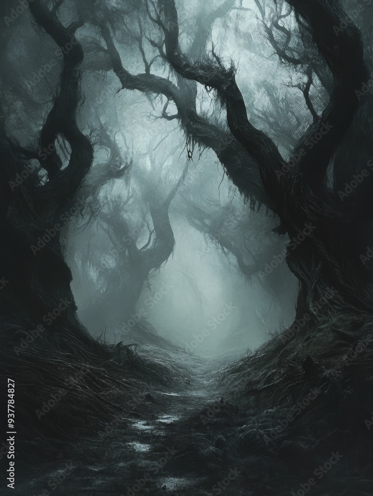 Poster Eerie Path Through a Foggy Forest - A mysterious path winds through a dense, foggy forest. The trees are shrouded in mist, creating an eerie and atmospheric scene. The path is dark and foreboding, wit