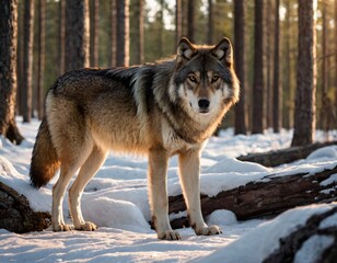 Fototapeta premium wolf in the woods dramatic cinematic panoramic picture with wild predator animal posing in deep forest rocky picturesque. Ai generated image 