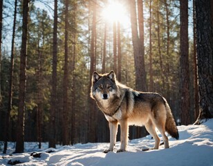 Obraz premium wolf in the woods dramatic cinematic panoramic picture with wild predator animal posing in deep forest rocky picturesque. Ai generated image 