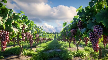 Naklejka premium A picturesque vineyard with ripe grapes hanging from lush green vines under a bright sky.