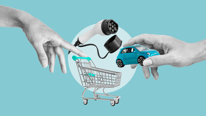 Buying of Electric vehicle as Alternative car. Collage with electric plug, electric car and shopping cart
