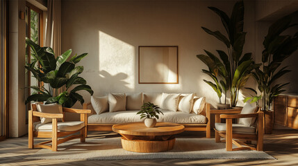 Fototapeta premium Cozy Living Room with Warm Natural Lighting and Wooden Furniture