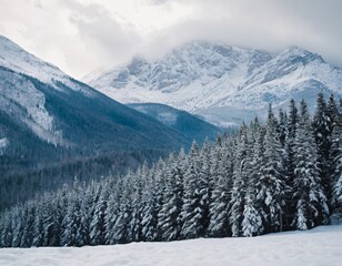 Miniatures of winter forest landscape with mountains and snow. Ai generated image 