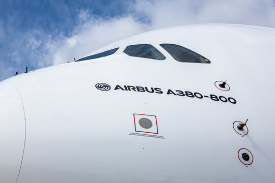 Berlin, Germany - June 6 2024: Airbus A380 nose cockpit section closeup. Widebody aircraft with sensors and pitot tube on the fuselage.