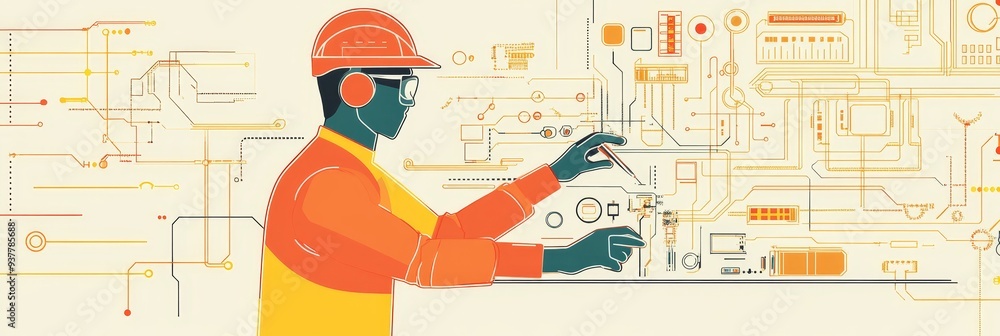 Poster engineer working on complex circuitry - a skilled engineer, wearing safety gear, is intently working