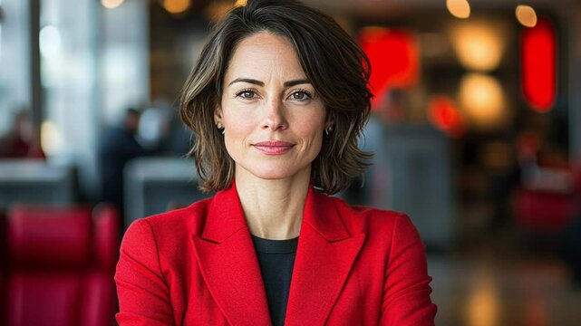 A businesswoman stands with her arms crossed, exuding confidence in a contemporary office while engaging in professional work.