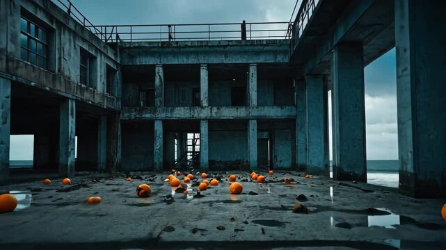 Video footage of abandoned, dilapidated building interior with scattered debris and smashed pumpkins