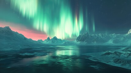 Naklejka premium A serene landscape bathed in flowing auroras, with soft light and color gradients enhancing the atmosphere.