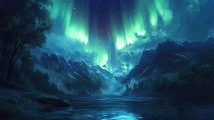 A serene night scene with soft aurora flows blending into the sky, casting a calming, ethereal glow.