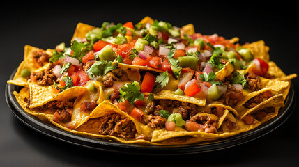 Mexican nachos with ground beef, vegetables, and cheese, served on a black plate, garnished with fresh cilantro