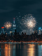 Fireworks Display Over City Skyline at Night - A beautiful nighttime cityscape with fireworks exploding over the city skyline. The image captures the celebration of a special occasion, perhaps a holid