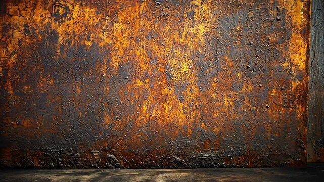 A close-up of a rusted metal wall, showcasing vibrant textures and deep colors in a shadowy atmosphere.