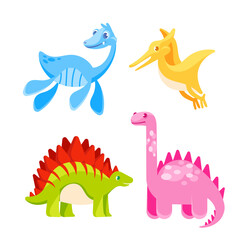 Four colorful, friendly dinosaurs happily posing with big smiles, perfect for kids and animal lovers. Cute, cartoon like characters in vibrant green, blue, pink, and yellow