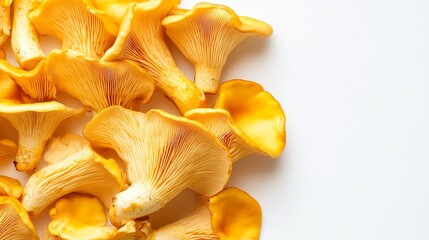 Fresh Chanterelle Mushrooms on White Background - A collection of fresh chanterelle mushrooms, showcasing their vibrant yellow color and delicate texture. The mushrooms are arranged in a cluster, sugg