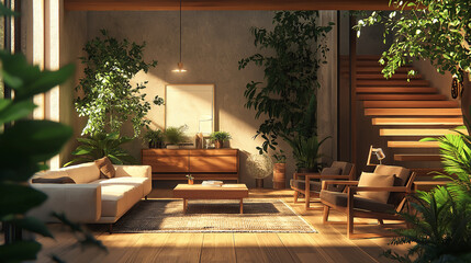 Cozy Living Room with Warm Natural Lighting and Wooden Furniture