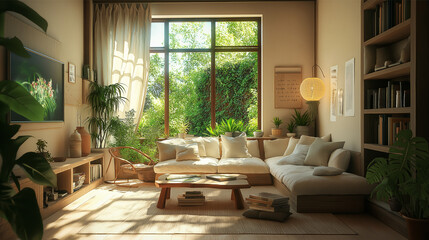 Fototapeta premium Cozy Living Room with Warm Natural Lighting and Wooden Furniture