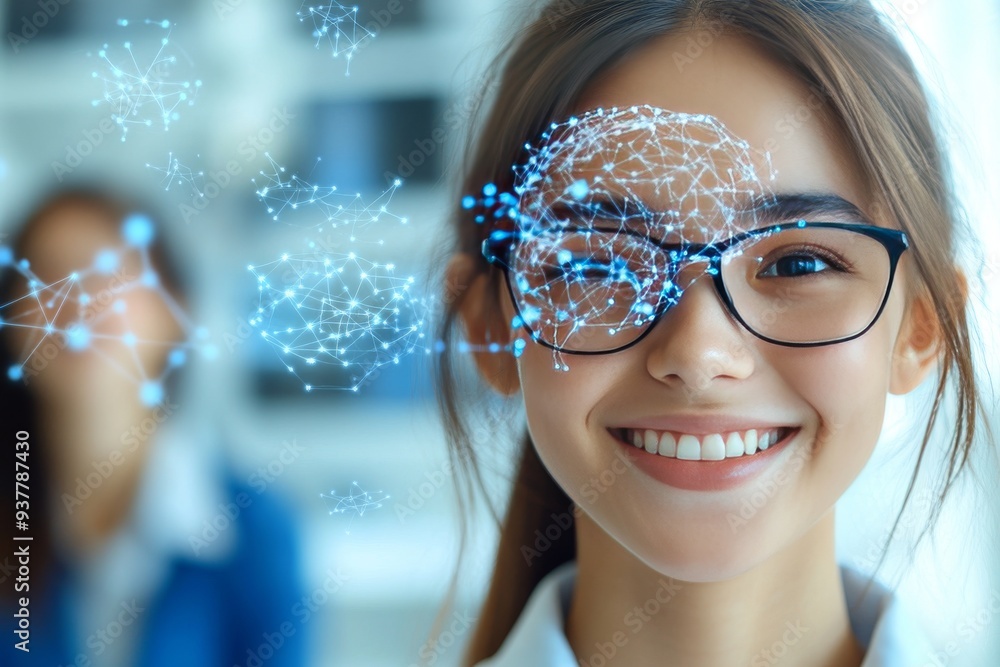 Poster smiling woman with glowing neural networks symbolizing the joyful connection between human emotion a