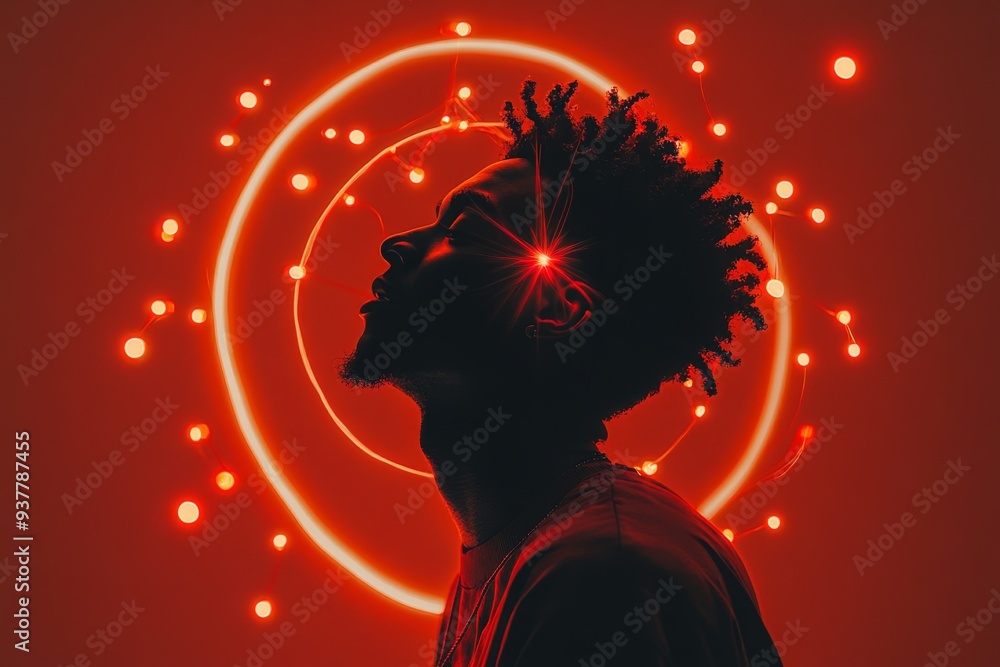 Poster silhouette of a person with a glowing red neural network symbolizing creativity cognitive power and 