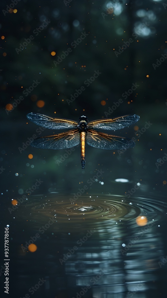 Poster glowing dragonfly hovering over dark pond in mystical atmosphere with copy space