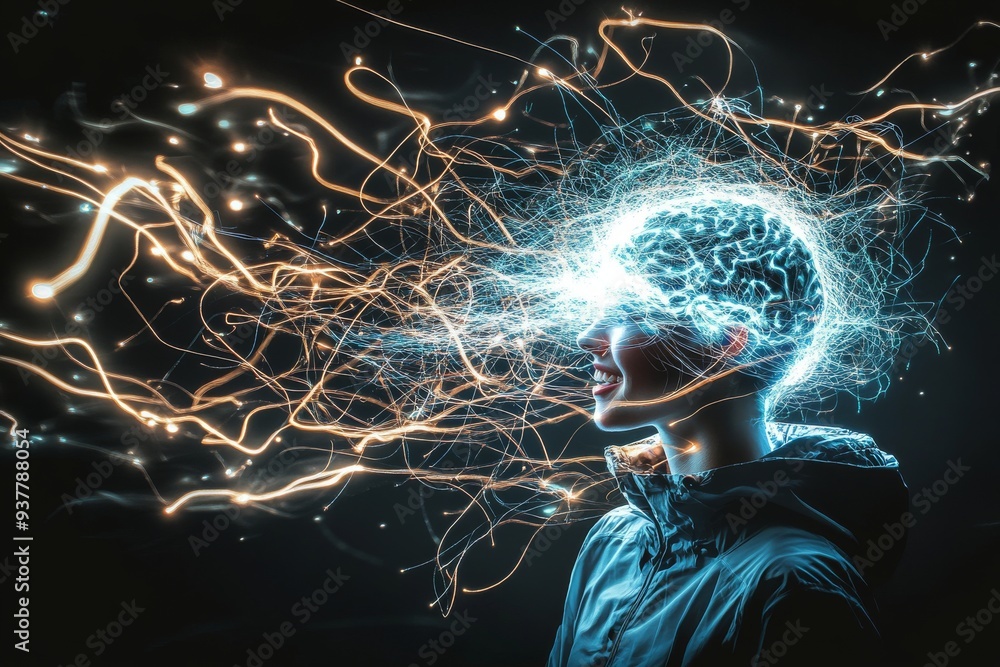 Poster profile of a person with glowing neural connections symbolizing cognitive processes creativity and t