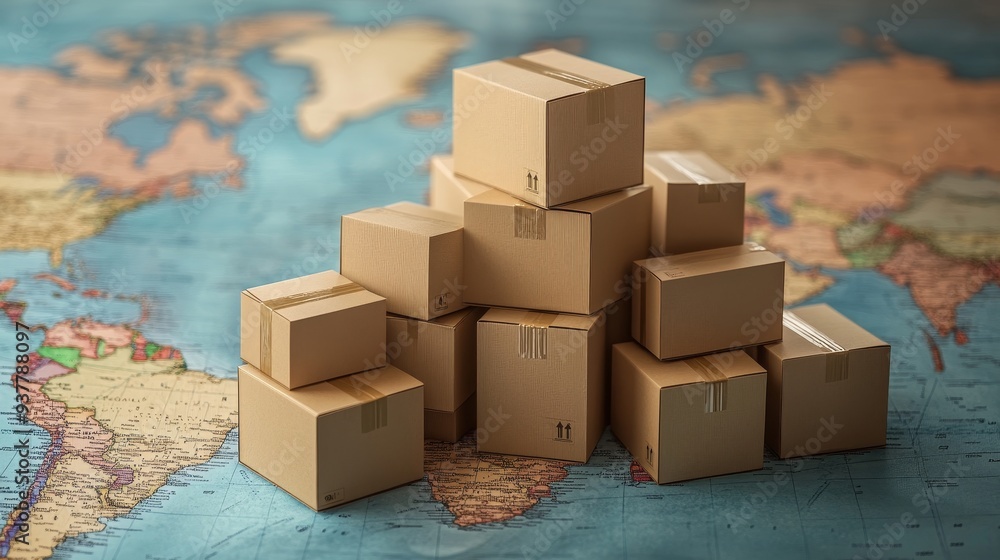Poster global shipping and delivery: cardboard boxes on world map - a group of cardboard boxes stacked on a
