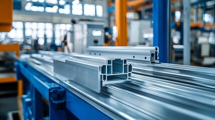 Various samples of aluminum profile on the stand. Industry. aluminium protruded profile for windows and doors