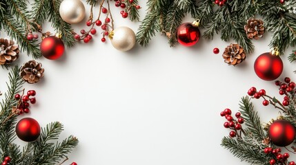 Close-up of seasonal decorations, including garlands and ornaments, with ample copy space on a plain background.