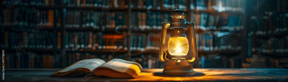 Poster glowing lantern illuminating an ancient library filled with old books creating a mysterious and cont