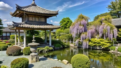 Fototapeta premium Traditional Japanese Garden with Pagoda and Wisteria Flowers