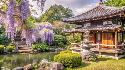 Obraz premium Japanese Garden with Pagoda, Pond, and Wisteria Flowers