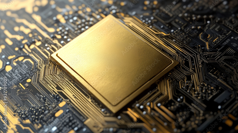 Aufkleber golden processor on circuit board - a golden processor chip sits atop a circuit board, symbolizing t