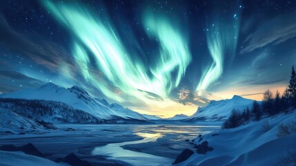 Dynamic aurora flows with bright, swirling lights creating a dramatic effect over a snowy landscape.