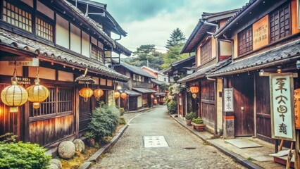 Fototapeta premium Narrow Cobblestone Street Lined with Traditional Japanese Houses and Lanterns