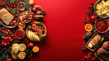Fototapeta premium Festive Christmas Dinner Table Setting with Delicious Food on Red Background
