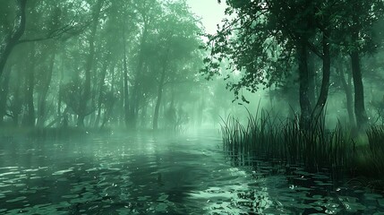 Obraz premium A serene misty forest landscape with a calm water surface reflecting the greenery.
